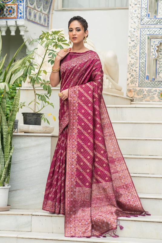 Wine Tussar Silk Jamdani Weaving Zari Woven Saree