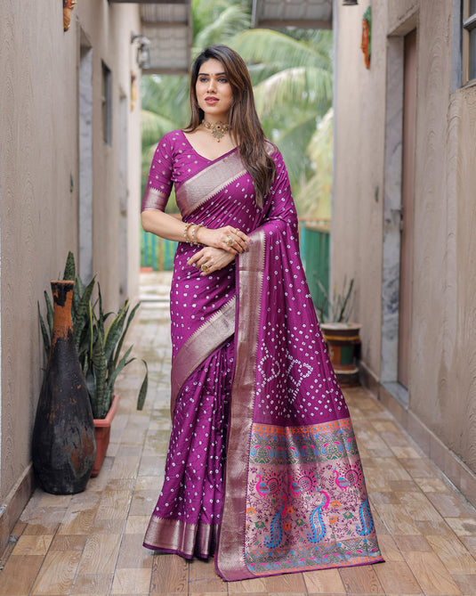 Wine Premium Dola Silk Traditional Bandej Saree With Zari Weaving Border