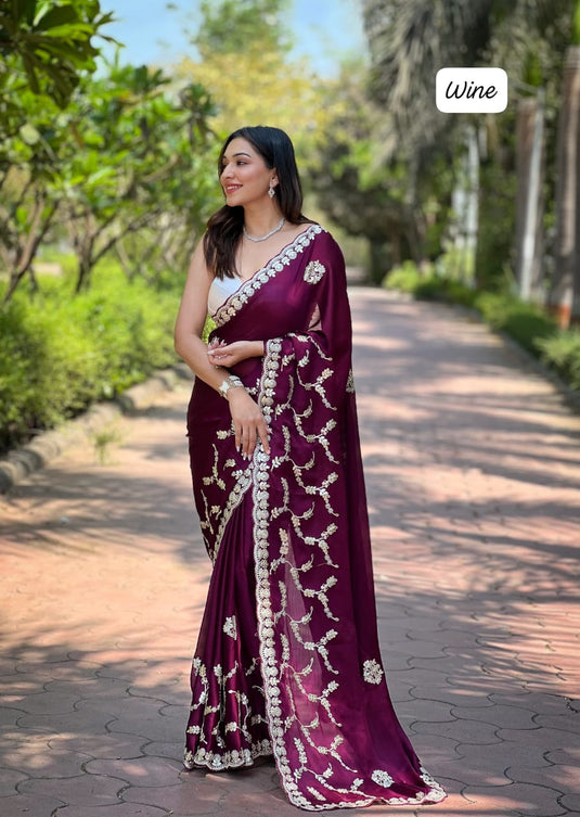 Wine Soft Satin Chiffon Foil Thread Embroidered Work Saree