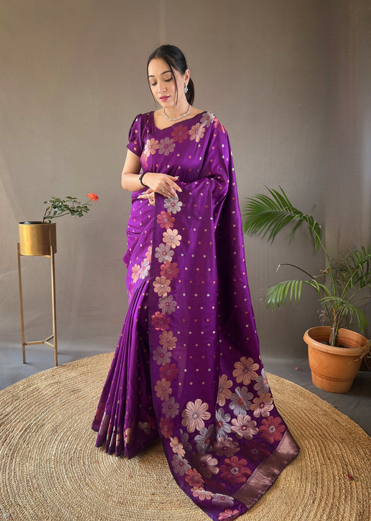 Wine classic soft silk copper and gold floral weaving saree