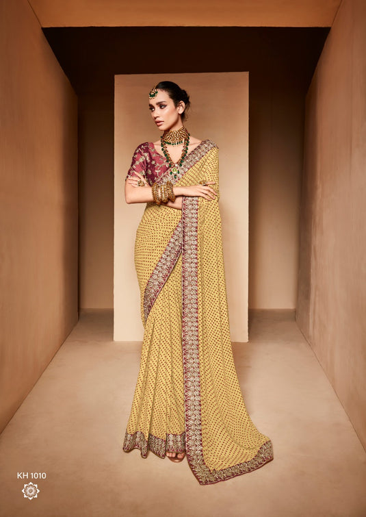 Yellow Heavy Georgette Traditional Printed Border Embroidered Saree