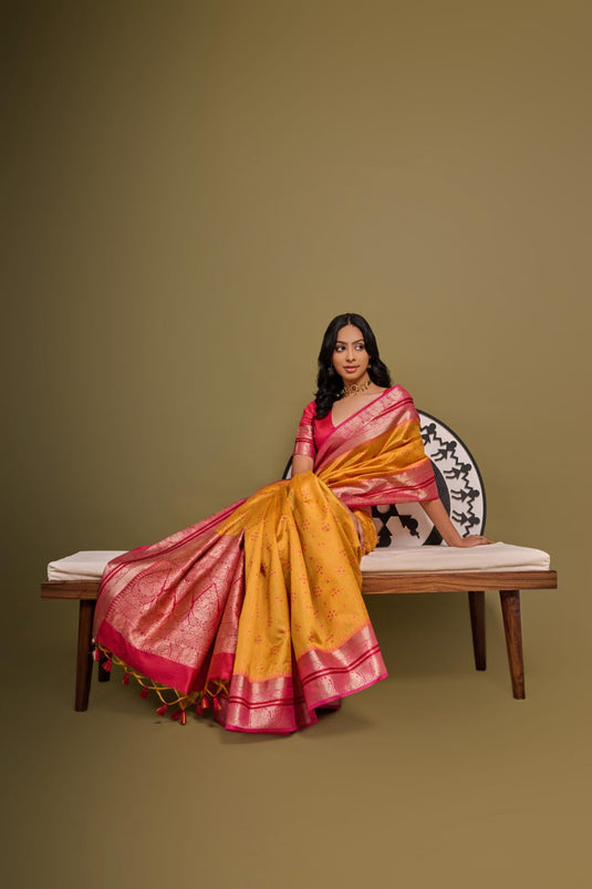 Yellow Soft Desi Tussar Silk Bandhani Weaving Pattern saree