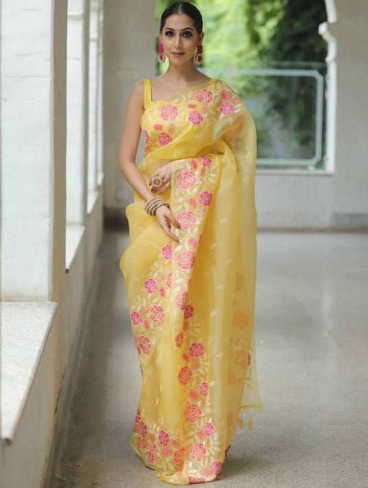 Yellow Elegant Pure Organza Thread Embroidered Saree