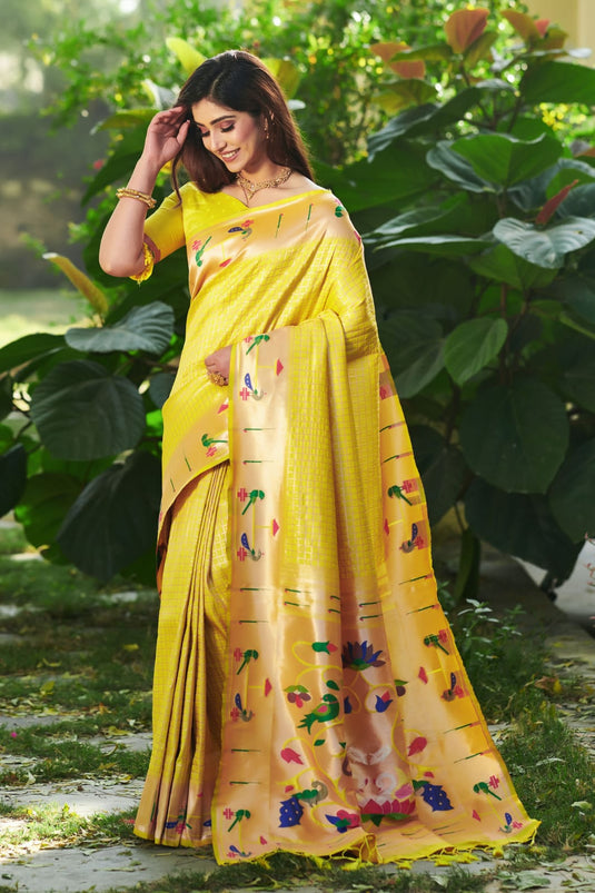 Yellow Banarasi Soft Silk Paithani Zari Weaving Border Traditional Saree