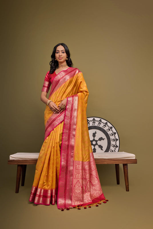 Yellow Soft Desi Tussar Silk Bandhani Weaving Pattern saree