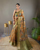 Yellow pure tussar silk kalamkari printed zari weaving border saree