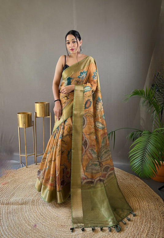 Yellow pure tussar silk kalamkari printed zari weaving border saree