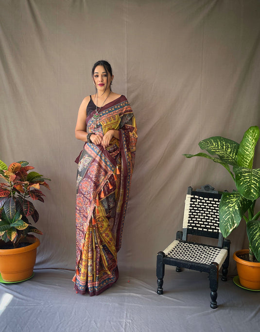 Yellow Classic Soft Cotton Kalamkari Digital Print Saree