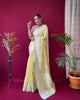 Yellow Pure Linen Lucknowi Weaving Saree