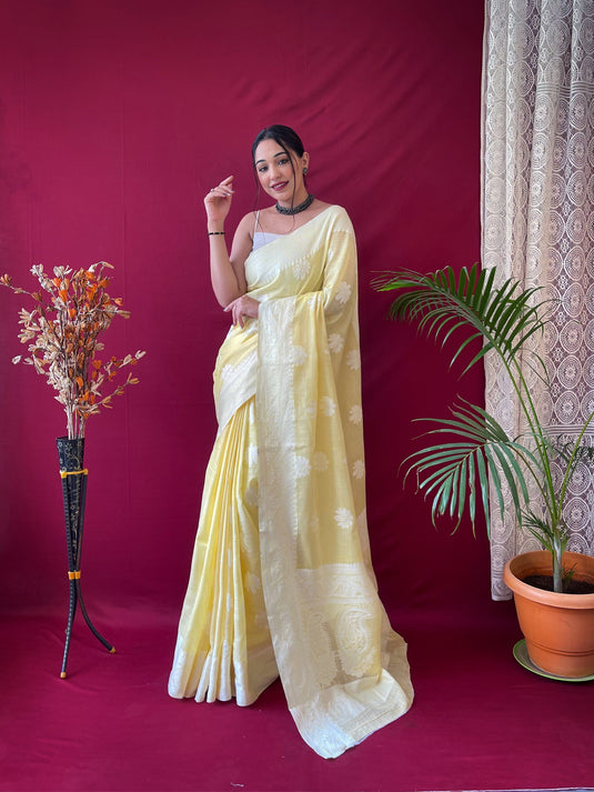 Yellow Pure Linen Lucknowi Weaving Saree