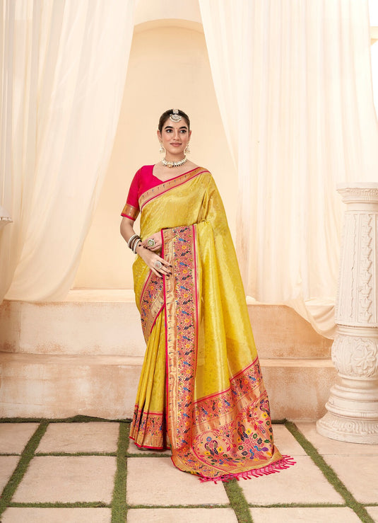 Yellow Handloom Zari Weaving Traditional Saree