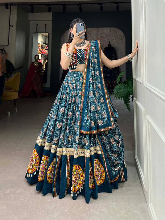 Blue Pure Rayon Foil Printed Fully Stitched Lehenga Choli