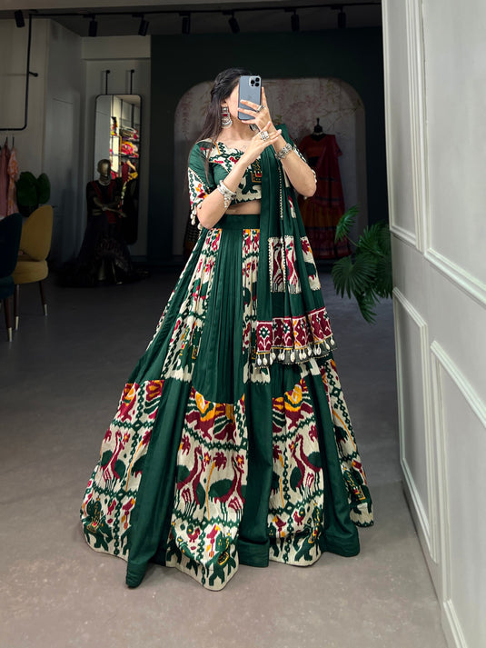 Bottle Green Rayon Printed Silk Fully Stitched Lehenga Choli