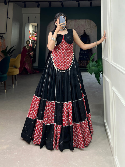 Black-Red Pure Cotton Plain And Printed Fully Stitched Lehenga Choli