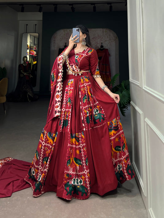 Red Rayon Printed Silk Fully Stitched Lehenga Choli