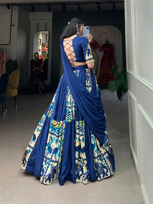 Navy Blue Rayon Printed Silk Fully Stitched Lehenga Choli