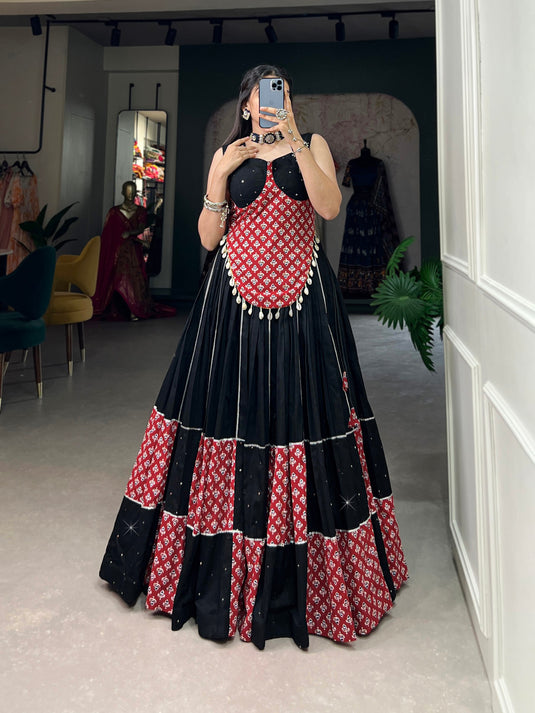 Black-Red Pure Cotton Plain And Printed Fully Stitched Lehenga Choli