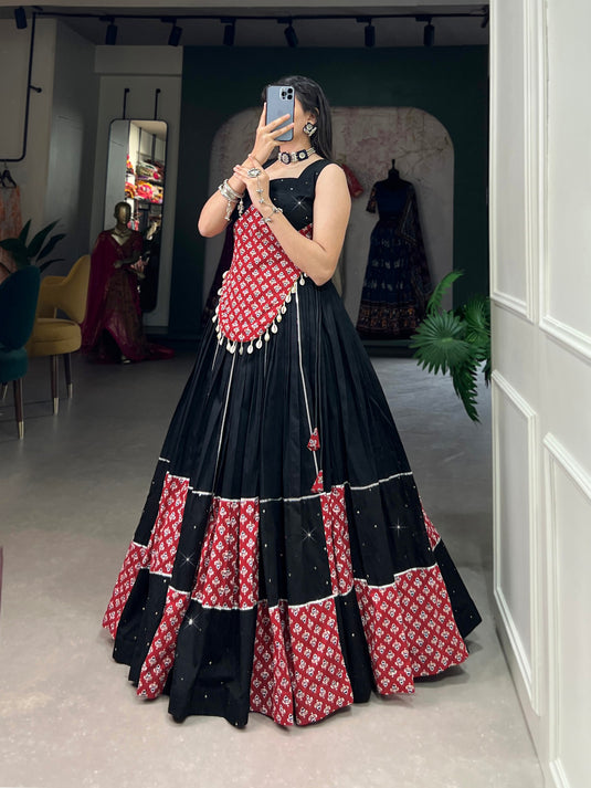 Black-Red Pure Cotton Plain And Printed Fully Stitched Lehenga Choli