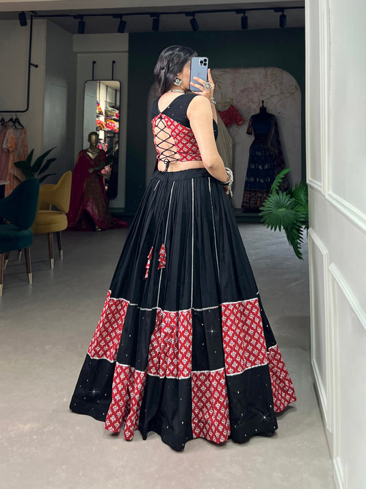 Black-Red Pure Cotton Plain And Printed Fully Stitched Lehenga Choli