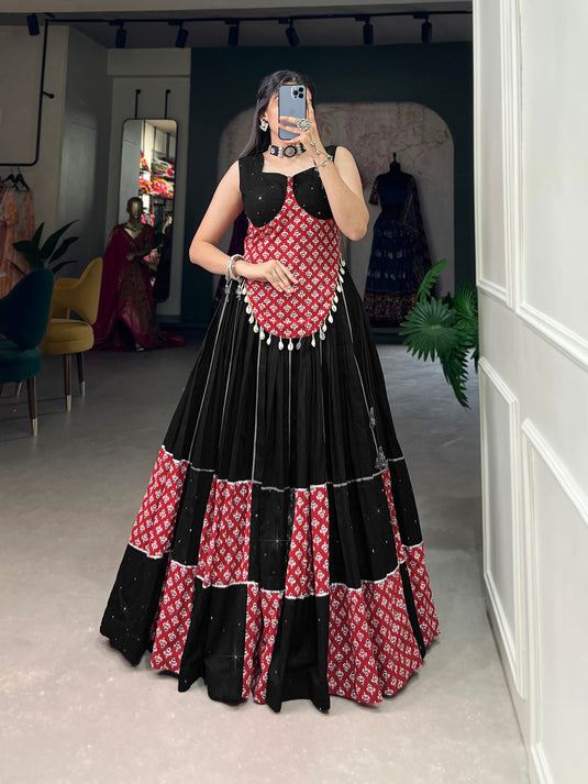 Black Red Pure Cotton Plain And Printed Fully Stitched Lehenga Choli