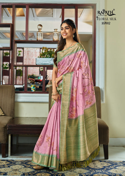 Pink Pure Handloom Kotha Silk Floral Printed Zari Weaving Saree