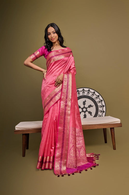 Pink Soft Desi Tussar Silk Bandhani Weaving Pattern saree